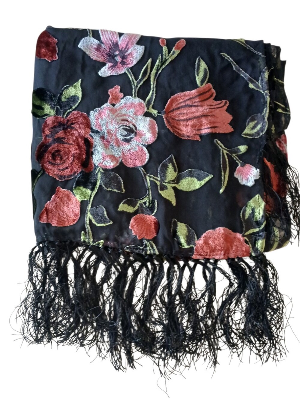 100% SILK Velvet Burnout Roses Knotted Fringe Rectangle Piano Shawl Sheer Wrap - Picture 5 of 9